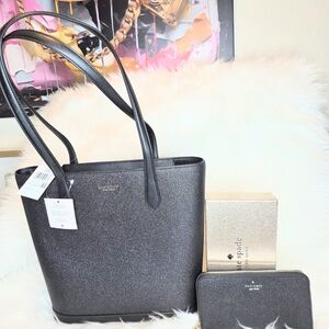 Kate Spade 2Pcs Tote Black Gold Glitter Leather/Fabric & Zip Large Wallet NWT🖤